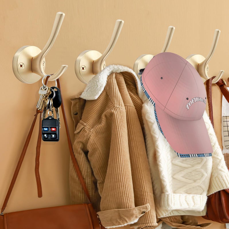 TOFIIGREM Gold Hat and Coat Hooks  4 Pack Heavy Duty Robe Hook Metal Double Backpack Hook Wall Mounted  Towel Hooks for Bathroom Entryway Cubicle Closet Garage - Image 2
